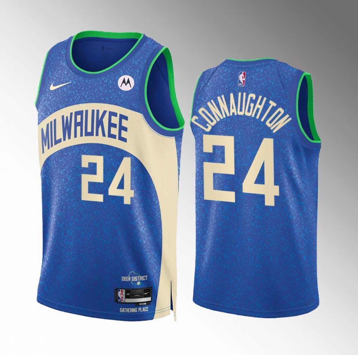 Men%27s Milwaukee Bucks #24 Pat Connaughton Blue 2023-24 City Edition Stitched Basketball Jersey Dzhi